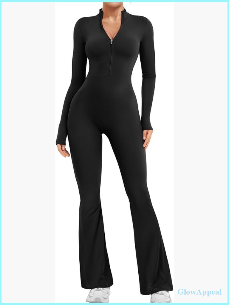 Long Sleeve Flare Workout Jumpsuit Zip Up Wide Leg Bodysuit Sexy One Piece